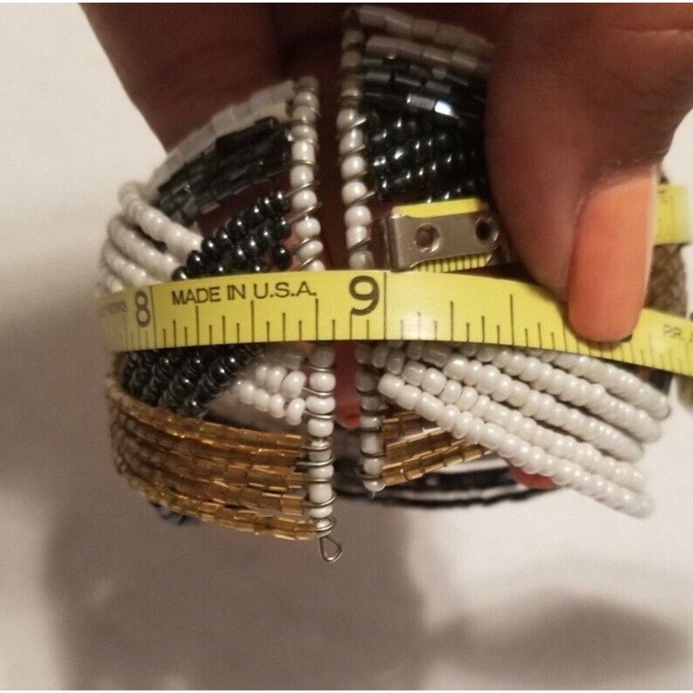 VTG White, Gold, Black Tone Bracelet Twisted Beaded Cuff Band Wide Retro Bangle - Picture 3 of 5